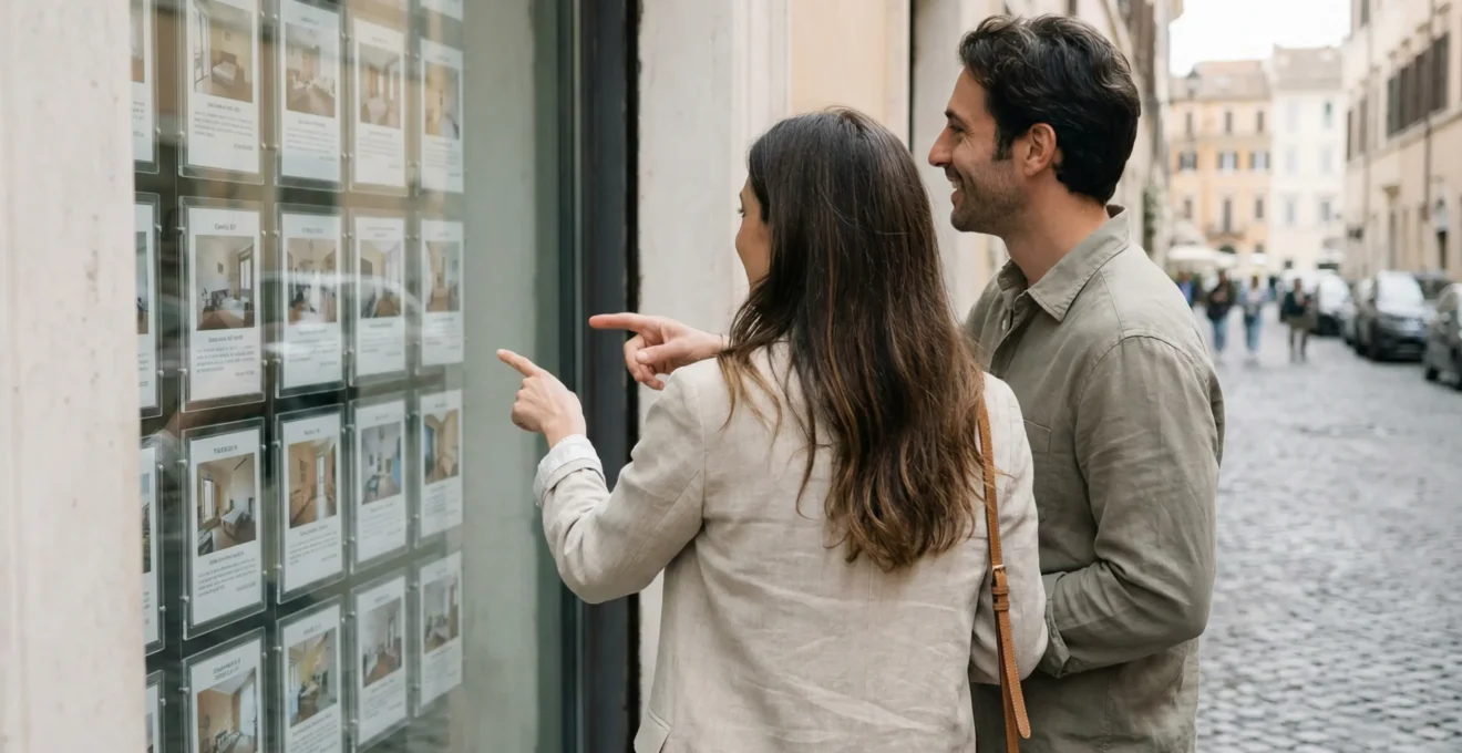 Coppia italiana osserva annunci immobiliari in vetrina agenzia a Roma
