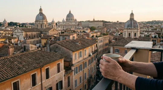 Vista panoramica sui tetti residenziali di Roma con architettura tipica italiana